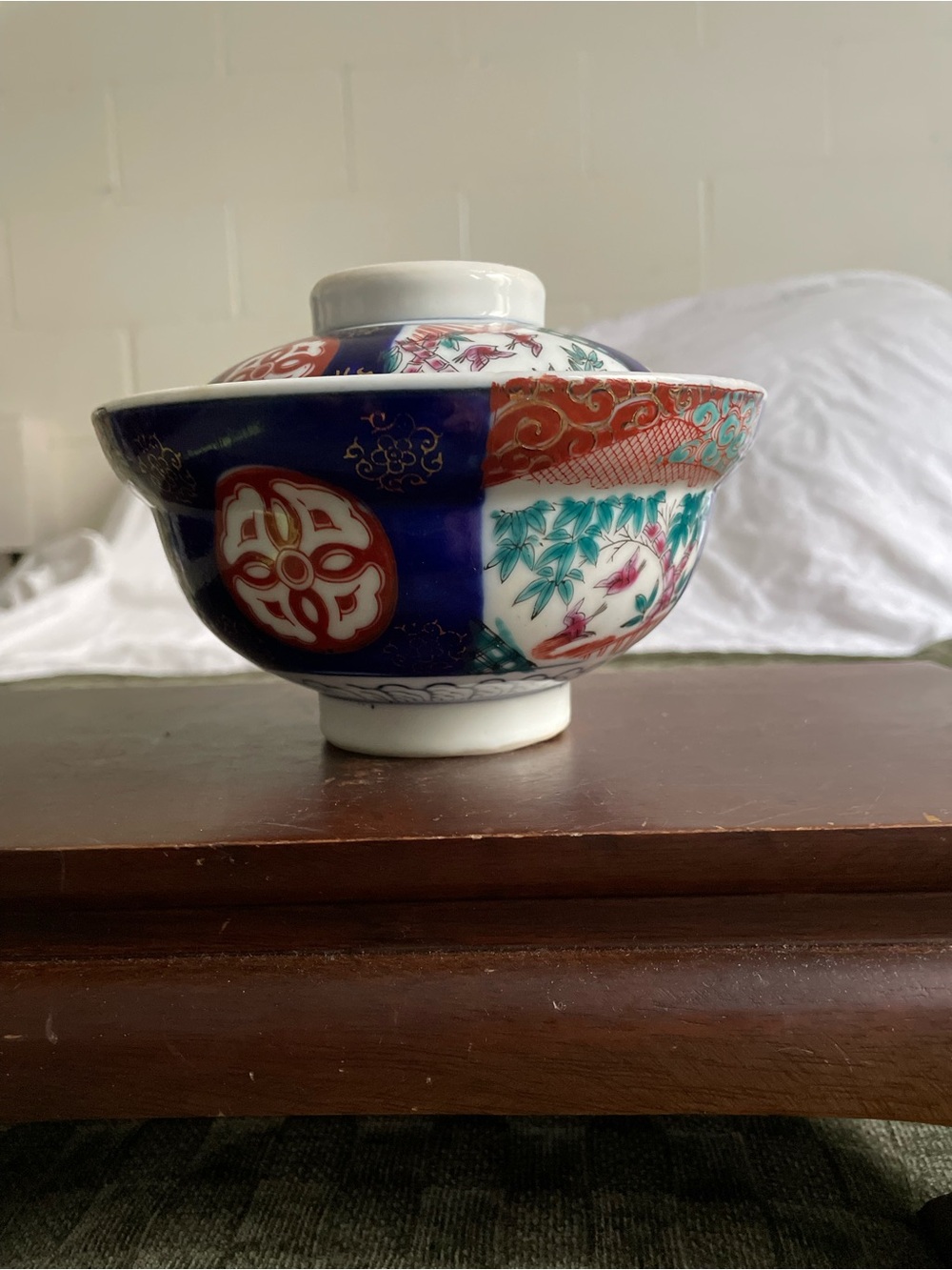 Decorative Porcelain Covered Bowl in Blue, Red and White